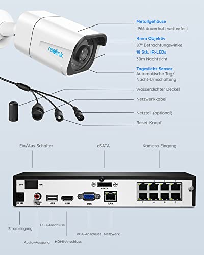 Reolink 4K Überwachungskamera Aussen Set, 4X 8MP PoE IP Kamera Überwachung mit Smarter Personenerkennung und Fahrzeugerkennung, 8CH 2TB HDD NVR für 24/7 Videoüberwachung, 30M Nachtsicht, RLK8-800D4 – Bild 7