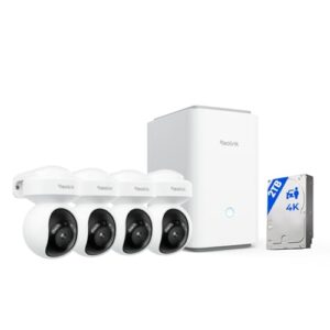 Reolink 4K Wi-Fi 6 Überwachungskamera Set Aussen mit 2TB HDD, Erweitbar auf 16TB, Pan &Tilt & Auto-Tracking, 360° Blick, Anti-Diebstahl-Verschlüsselung, KI-Erkennung, Home Hub Pro 4× E1 Outdoor S