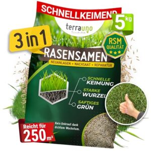 Terrauno - Nachsaat Rasen I Rasensamen schnellkeimend I Extrem hohe Keimrate I Für 250 m² I Rasensamen trockenresistent zur schnellen Lückenschließung I Rasennachsaat RSM Qualität