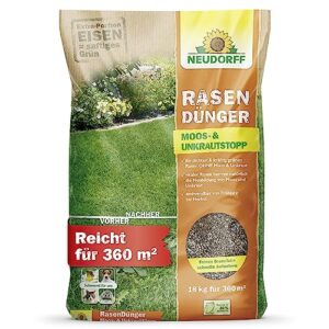 Neudorff RasenDünger Moos- & UnkrautStopp – Rasendünger mit Eisen und Kalium sorgt für einen dichten, grünen Rasen ohne Moos und Unkraut, 18 kg für 360 m²