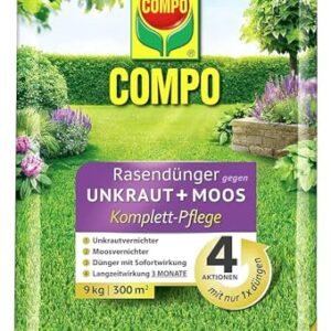 COMPO Rasendünger gegen Unkraut und Moos - 9 kg für 300m² - 3 Monate Langzeitwirkung - COMPO Rasendünger gegen Unkraut Moos Komplett-Pflege