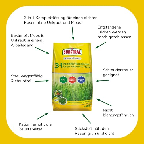 Substral 3in1 Komplettrasendünger, 14 kg für 400m² Rasenfläche, mit Unkrautvernichter und Moosvernichter – Bild 4
