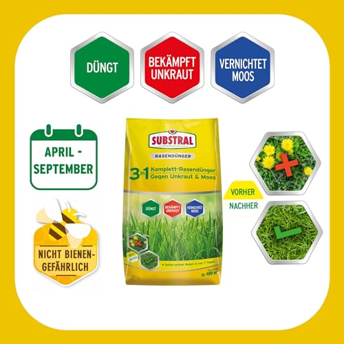 Substral 3in1 Komplettrasendünger, 14 kg für 400m² Rasenfläche, mit Unkrautvernichter und Moosvernichter – Bild 8
