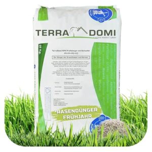 TerraDomi Rasendünger Frühjahr, Sommer & Herbst 25kg NPK 15-15-15 I Dünger mit Langzeitwirkung I verdrängt Moos I für über 1000 m² Rasen I streuwagengeeigneter Dünger | staubarm & mit extra Schwefel