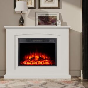 M.C.Haus Elektrischer Kamin mit Mantel Regal, 23"/58cm Kamineinsatz, Freistehender Eckkamin mit integrierter Ummantelung, Modernes Design Möbel für den Wohnbereich, Engineer Wood Finish, Weiß