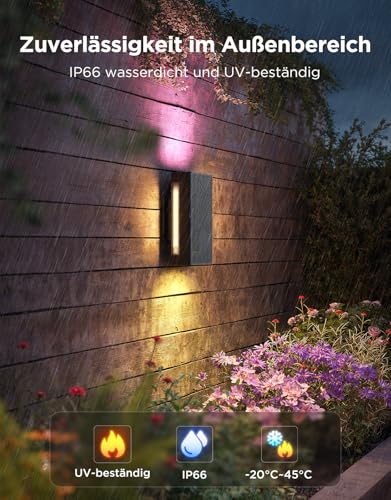 Govee Outdoor UpDown Wandleuchte RGBICWW, 1400LM pro Stück LED Wandleuchte Aussen mit 64 Szenenmodi, IP66 Wasserdicht Wandlampe, Funktioniert mit Matter, Alexa und Google Assistant, 2er-Pack – Bild 4