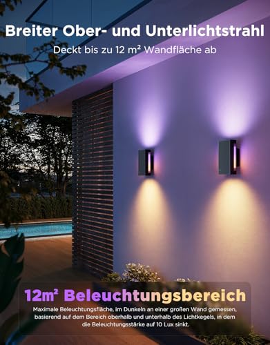 Govee Outdoor UpDown Wandleuchte RGBICWW, 1400LM pro Stück LED Wandleuchte Aussen mit 64 Szenenmodi, IP66 Wasserdicht Wandlampe, Funktioniert mit Matter, Alexa und Google Assistant, 2er-Pack – Bild 5
