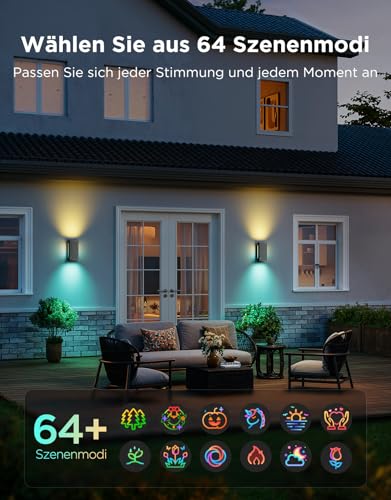 Govee Outdoor UpDown Wandleuchte RGBICWW, 1400LM pro Stück LED Wandleuchte Aussen mit 64 Szenenmodi, IP66 Wasserdicht Wandlampe, Funktioniert mit Matter, Alexa und Google Assistant, 2er-Pack – Bild 6