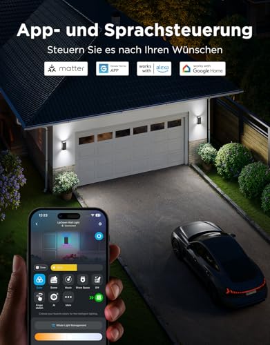Govee Outdoor UpDown Wandleuchte RGBICWW, 1400LM pro Stück LED Wandleuchte Aussen mit 64 Szenenmodi, IP66 Wasserdicht Wandlampe, Funktioniert mit Matter, Alexa und Google Assistant, 2er-Pack – Bild 7