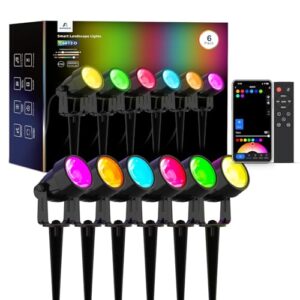 APPECK Gartenstrahler, WiFi Smart Gartenbeleuchtung mit Strom, RGBW Farbe ändernde intelligente Niederspannungs-Spot-Lichter, mit App/Sprachsteuerung, für Patio Garten Einfahrt Gehweg, 6 Stück