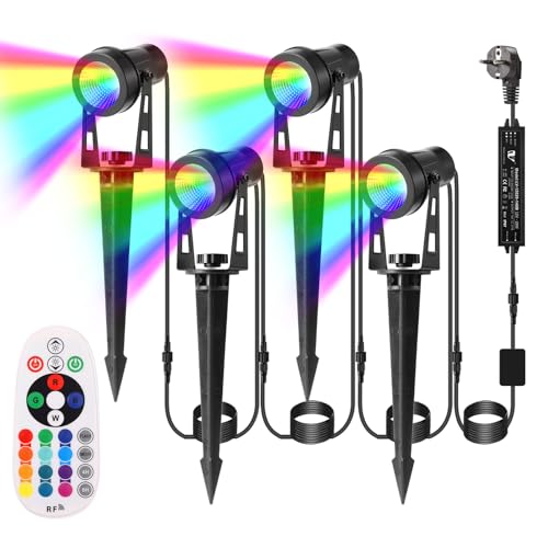 B-right RGB Gartenbeleuchtung mit Strom, 4er Gartenbeleuchtung LED außen mit Stecker, IP65 Wasserdicht Gartenstrahler mit erdspieß, Gartenleuchte mit Fernbedienung, Gartenlampe für Rasen Teich Weg