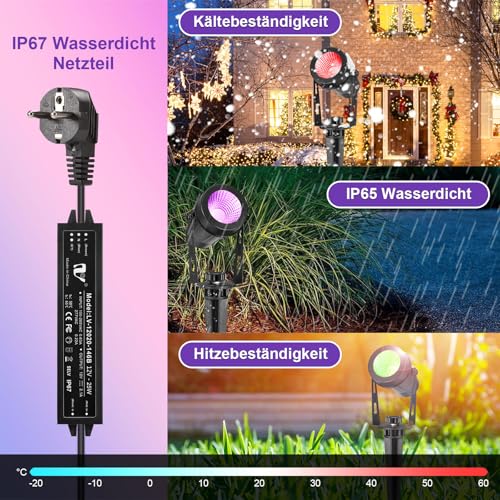 B-right RGB Gartenbeleuchtung mit Strom, 4er Gartenbeleuchtung LED außen mit Stecker, IP65 Wasserdicht Gartenstrahler mit erdspieß, Gartenleuchte mit Fernbedienung, Gartenlampe für Rasen Teich Weg – Bild 4