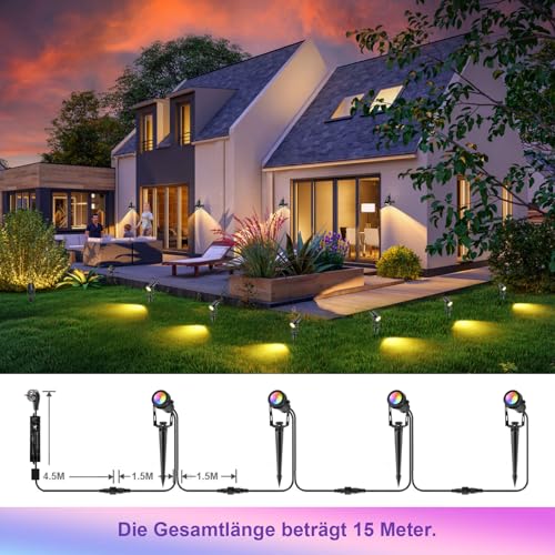 B-right RGB Gartenbeleuchtung mit Strom, 4er Gartenbeleuchtung LED außen mit Stecker, IP65 Wasserdicht Gartenstrahler mit erdspieß, Gartenleuchte mit Fernbedienung, Gartenlampe für Rasen Teich Weg – Bild 6