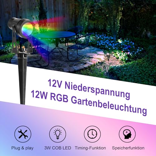 B-right RGB Gartenbeleuchtung mit Strom, 4er Gartenbeleuchtung LED außen mit Stecker, IP65 Wasserdicht Gartenstrahler mit erdspieß, Gartenleuchte mit Fernbedienung, Gartenlampe für Rasen Teich Weg – Bild 7