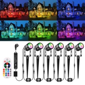 ECOWHO RGB Gartenbeleuchtung LED mit Fernbedienung und Timer,IP65 wasserdichte RGB gartenstrahler mit Strom，21M gartenleuchten mit Erdspieß für Außen Garten Rasen Bäume, Wege, Party und Teich（6 Stück）