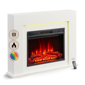 BALDERIA Elektrokamin Finn-Design | Elektrischer Standkamin, 3D-Flammeneffekt, LED-Ambientebeleuchtung, Heizung 2000W, Timer, Thermostat, Startsteuerung, Überhitzungsschutz, Fernbedienung | Weiß