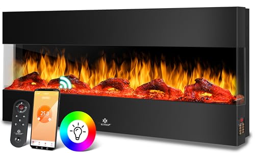 KESSER® Wandkamin Elektrokamin 3D Elektrischer 138cm Kamin mit Heizung 9 Farbmodi LED Flammeneffekt, 900/1800 W Kaminofen Wand und Einbaukamin Wandmontage Heizung App-Funktion Fernbedienung schwarz