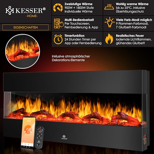 KESSER® Wandkamin Elektrokamin 3D Elektrischer 138cm Kamin mit Heizung 9 Farbmodi LED Flammeneffekt, 900/1800 W Kaminofen Wand und Einbaukamin Wandmontage Heizung App-Funktion Fernbedienung schwarz – Bild 2