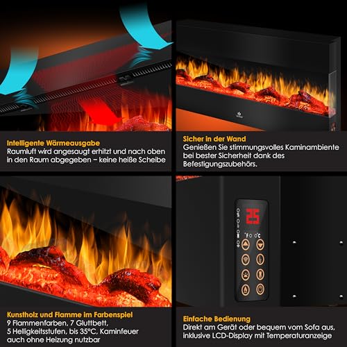 KESSER® Wandkamin Elektrokamin 3D Elektrischer 138cm Kamin mit Heizung 9 Farbmodi LED Flammeneffekt, 900/1800 W Kaminofen Wand und Einbaukamin Wandmontage Heizung App-Funktion Fernbedienung schwarz – Bild 3