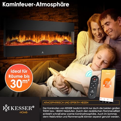 KESSER® Wandkamin Elektrokamin 3D Elektrischer 138cm Kamin mit Heizung 9 Farbmodi LED Flammeneffekt, 900/1800 W Kaminofen Wand und Einbaukamin Wandmontage Heizung App-Funktion Fernbedienung schwarz – Bild 4