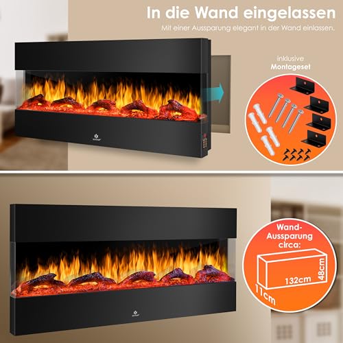 KESSER® Wandkamin Elektrokamin 3D Elektrischer 138cm Kamin mit Heizung 9 Farbmodi LED Flammeneffekt, 900/1800 W Kaminofen Wand und Einbaukamin Wandmontage Heizung App-Funktion Fernbedienung schwarz – Bild 5