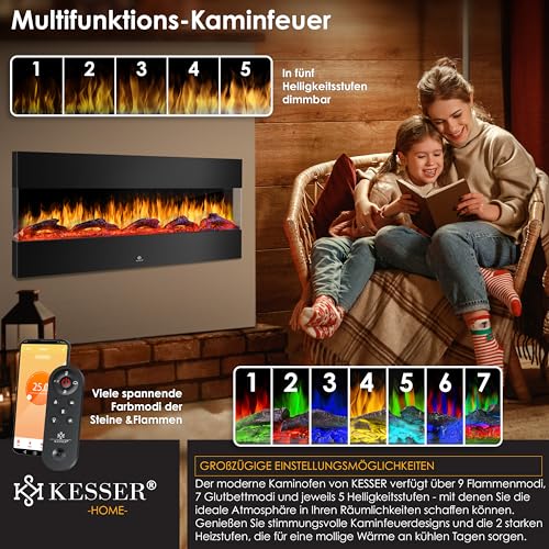 KESSER® Wandkamin Elektrokamin 3D Elektrischer 138cm Kamin mit Heizung 9 Farbmodi LED Flammeneffekt, 900/1800 W Kaminofen Wand und Einbaukamin Wandmontage Heizung App-Funktion Fernbedienung schwarz – Bild 6