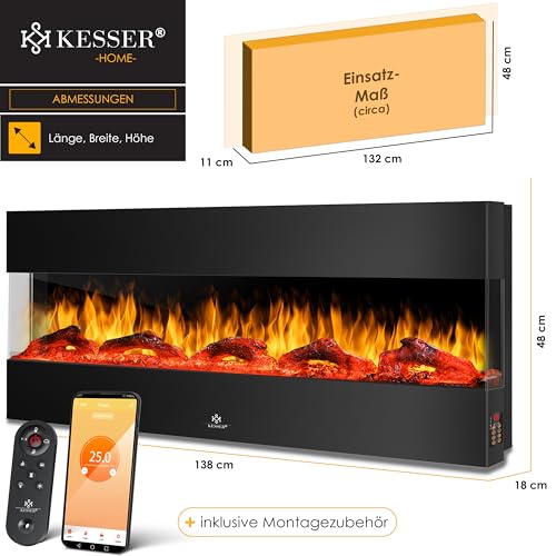 KESSER® Wandkamin Elektrokamin 3D Elektrischer 138cm Kamin mit Heizung 9 Farbmodi LED Flammeneffekt, 900/1800 W Kaminofen Wand und Einbaukamin Wandmontage Heizung App-Funktion Fernbedienung schwarz – Bild 7