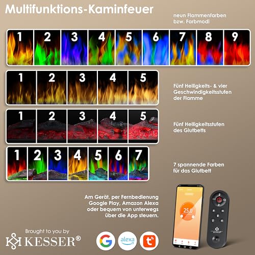 KESSER® Wandkamin Elektrokamin 3D Elektrischer 138cm Kamin mit Heizung 9 Farbmodi LED Flammeneffekt, 900/1800 W Kaminofen Wand und Einbaukamin Wandmontage Heizung App-Funktion Fernbedienung schwarz – Bild 8
