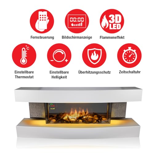 Classic Fire Montreal Elektrokamin mit Heizung – Elektroheizung 2000W - Kaminofen mit Heizung, Fernbedienung und Timer - Elektroherd mit LED-Flammen - Freistehend - Weiß – Bild 3