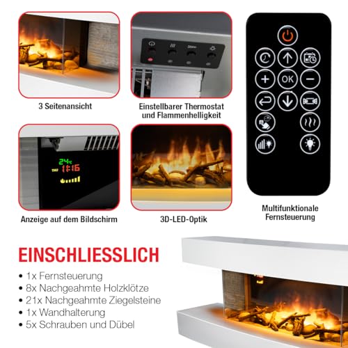 Classic Fire Montreal Elektrokamin mit Heizung – Elektroheizung 2000W - Kaminofen mit Heizung, Fernbedienung und Timer - Elektroherd mit LED-Flammen - Freistehend - Weiß – Bild 5