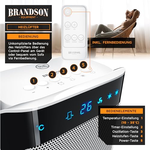 Brandson - Heizlüfter mit Fernbedienung - Preisträger - energiesparend leise Keramik-Heizlüfter Badezimmer - Oszillationsfunktion - Timer - Heizung Heater - GS zertifiziert – Bild 4