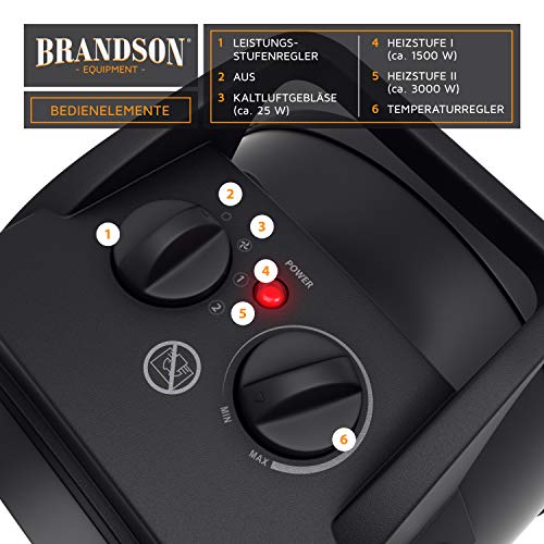 Brandson - Heizlüfter 3000 Watt - Keramik Heizstrahler - Bauheizer Bautrockner - Turbo Elektroheizgebläse mit Überhitzungsschutz - extra Stark - 2 Heizstufen - für Baustelle Haus Werkstatt Garage – Bild 5