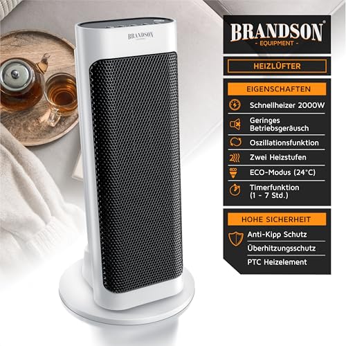 Brandson - Heizlüfter energiesparend leise - elektrischer Keramik Heizstrahler - Elektroheizung mit Fernbedienung - Oszillation - Überhitzungsschutz - Thermostat - Badezimmer Schlafzimmer Wohnzimmer – Bild 2