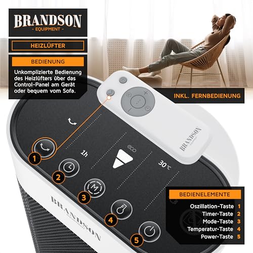 Brandson - Heizlüfter energiesparend leise - elektrischer Keramik Heizstrahler - Elektroheizung mit Fernbedienung - Oszillation - Überhitzungsschutz - Thermostat - Badezimmer Schlafzimmer Wohnzimmer – Bild 4