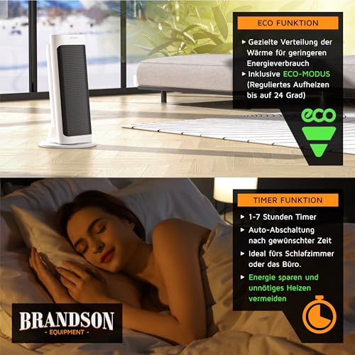 Brandson - Heizlüfter energiesparend leise - elektrischer Keramik Heizstrahler - Elektroheizung mit Fernbedienung - Oszillation - Überhitzungsschutz - Thermostat - Badezimmer Schlafzimmer Wohnzimmer – Bild 5