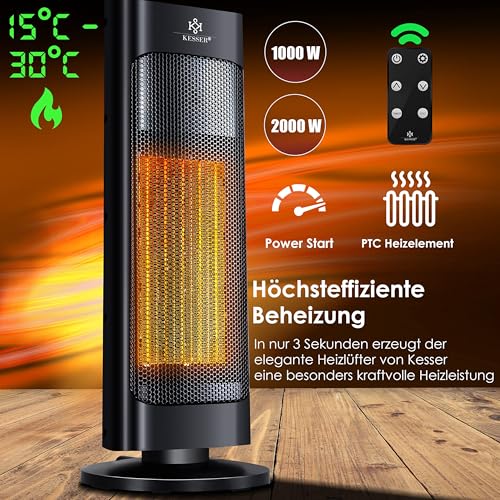 KESSER® Heizlüfter mit Fernbedienung energiesparend leise 2000W Keramik Heizstrahler Standheizstrahler 15-30°C - Schnellheizer mit 80° Oszillationsfunktion 24h Timer Heizung Turmheizstrahler, Schwarz – Bild 2