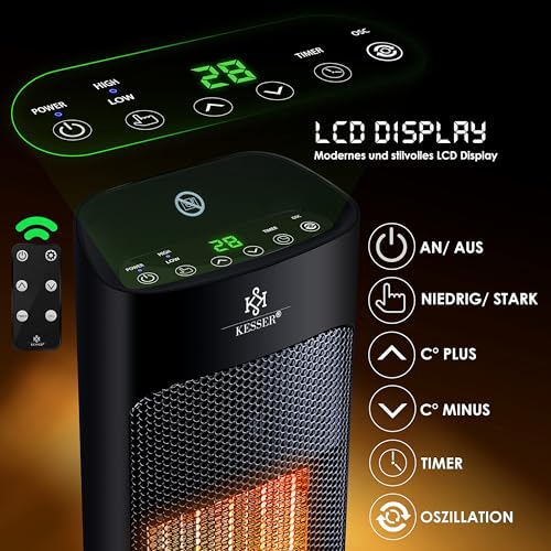 KESSER® Heizlüfter mit Fernbedienung energiesparend leise 2000W Keramik Heizstrahler Standheizstrahler 15-30°C - Schnellheizer mit 80° Oszillationsfunktion 24h Timer Heizung Turmheizstrahler, Schwarz – Bild 3