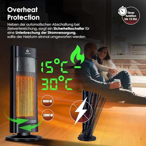 KESSER® Heizlüfter mit Fernbedienung energiesparend leise 2000W Keramik Heizstrahler Standheizstrahler 15-30°C - Schnellheizer mit 80° Oszillationsfunktion 24h Timer Heizung Turmheizstrahler, Schwarz – Bild 5