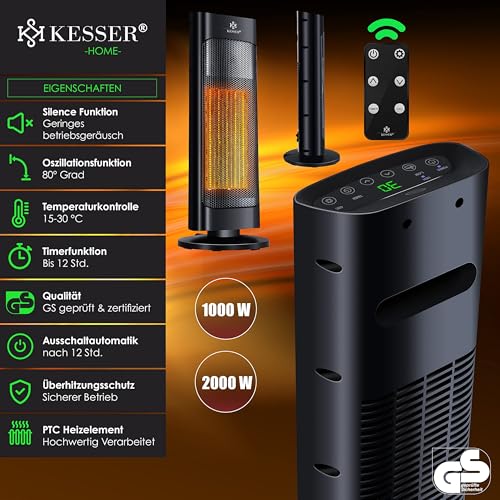 KESSER® Heizlüfter mit Fernbedienung energiesparend leise 2000W Keramik Heizstrahler Standheizstrahler 15-30°C - Schnellheizer mit 80° Oszillationsfunktion 24h Timer Heizung Turmheizstrahler, Schwarz – Bild 6