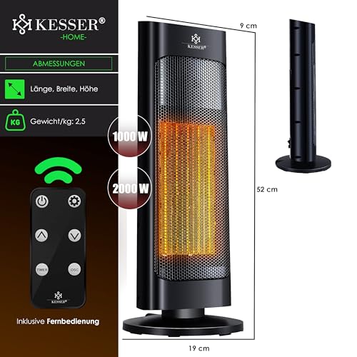KESSER® Heizlüfter mit Fernbedienung energiesparend leise 2000W Keramik Heizstrahler Standheizstrahler 15-30°C - Schnellheizer mit 80° Oszillationsfunktion 24h Timer Heizung Turmheizstrahler, Schwarz – Bild 7