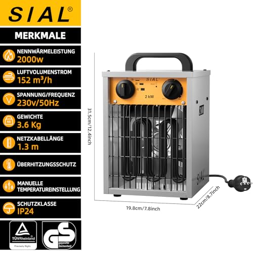 SIAL 2KW Industrie Heizgebläse -Elektroheizer Heizlüfter - Bauheizer Bautrockner - Industrielle Heizstrahler mit 3 Heizstufen - Für Garagen, Werkstätten, Baustellen - DA2 - Silber – Bild 4
