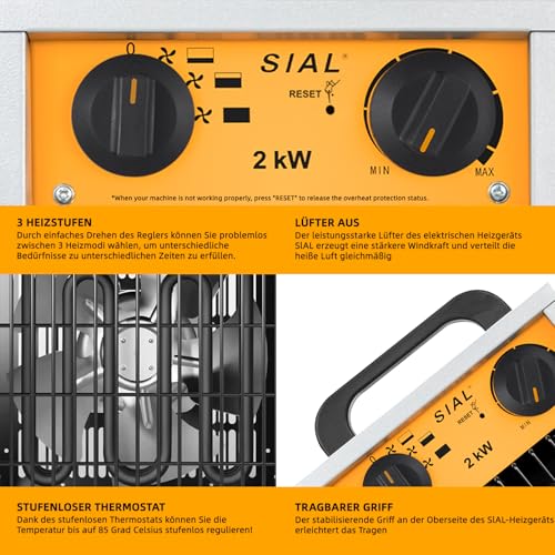 SIAL 2KW Industrie Heizgebläse -Elektroheizer Heizlüfter - Bauheizer Bautrockner - Industrielle Heizstrahler mit 3 Heizstufen - Für Garagen, Werkstätten, Baustellen - DA2 - Silber – Bild 5
