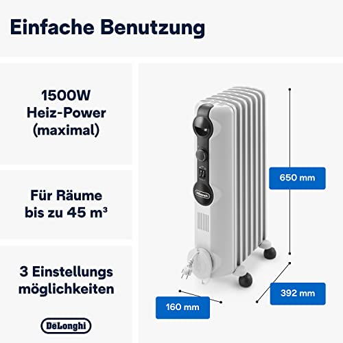 De'Longhi Radiator RadiaS TRRS0715, stufenlose Temperaturregelung, 1500 W Heizleistung, mobil dank Tragegriffen und vormontierten Rollen – Bild 2