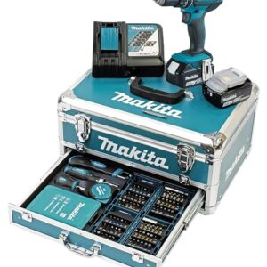 Makita DHP482RFX9 Schlagbohrschrauber 18V / 3,0 Ah, 2 Akkus plus Ladegerät im Alukoffer, Petrol, 96-tlg. Zubehör-Set
