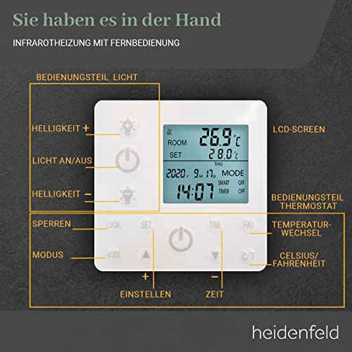 Heidenfeld Infrarotheizung HF-HP500 mit Licht | đđŹ đđđđđ đđđđđđđđ - LED Rahmen - Infrarot Deckenheizung mit Thermostat - Deutsche QualitĂ€tsmarke - Fernbedienung (800 Watt Wechselbar) â Bild 9