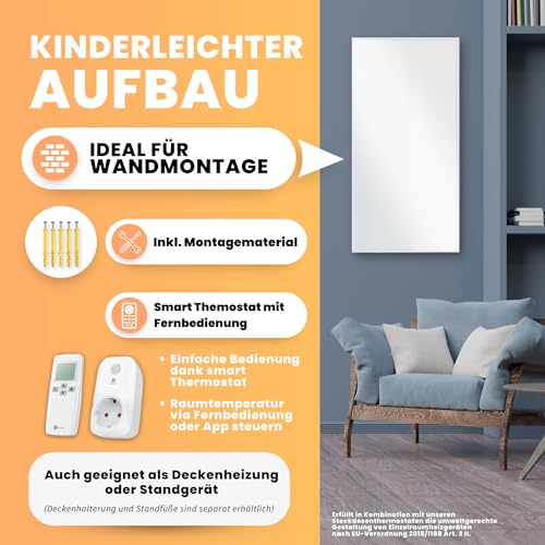 BR Bringer Infrarotheizung 1200 Watt - mit Smart Thermostat und Fernbedienung - Infrarot Elektroheizung Energiesparend - 5 Jahre Garantie, TÜV GS - Deutsche Qualitätsmarke (weiß) – Bild 4