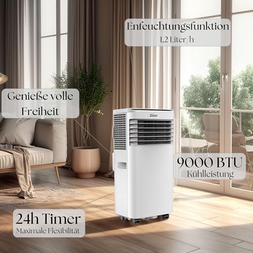 Mobile Klimaanlage 9.000 BTU mit Abluftschlauch & Fensterabdichtung Klimaanlage Mobil 24H Timer - Kühlen Ventilator 300 m³/h Luftentfeuchter 1.2 l/h Mobiles Klimagerät leise mit Fernbedienung – Bild 2
