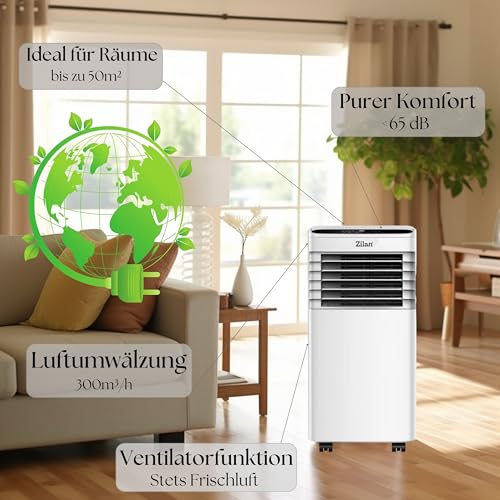 Mobile Klimaanlage 9.000 BTU mit Abluftschlauch & Fensterabdichtung Klimaanlage Mobil 24H Timer - Kühlen Ventilator 300 m³/h Luftentfeuchter 1.2 l/h Mobiles Klimagerät leise mit Fernbedienung – Bild 4