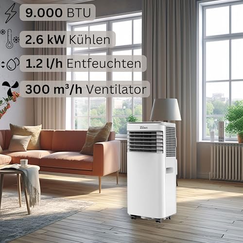 Mobile Klimaanlage 9.000 BTU mit Abluftschlauch & Fensterabdichtung Klimaanlage Mobil 24H Timer - Kühlen Ventilator 300 m³/h Luftentfeuchter 1.2 l/h Mobiles Klimagerät leise mit Fernbedienung – Bild 6