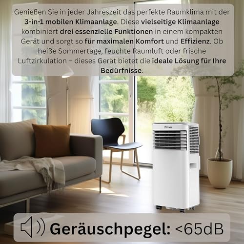 Mobile Klimaanlage 9.000 BTU mit Abluftschlauch & Fensterabdichtung Klimaanlage Mobil 24H Timer - Kühlen Ventilator 300 m³/h Luftentfeuchter 1.2 l/h Mobiles Klimagerät leise mit Fernbedienung – Bild 7